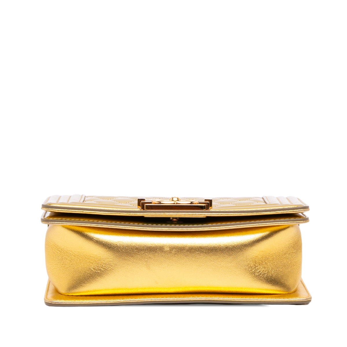 Chanel Small Quilted Metallic Patent Boy Flap — Gold