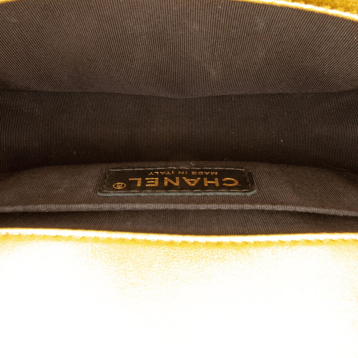Chanel Small Quilted Metallic Patent Boy Flap — Gold