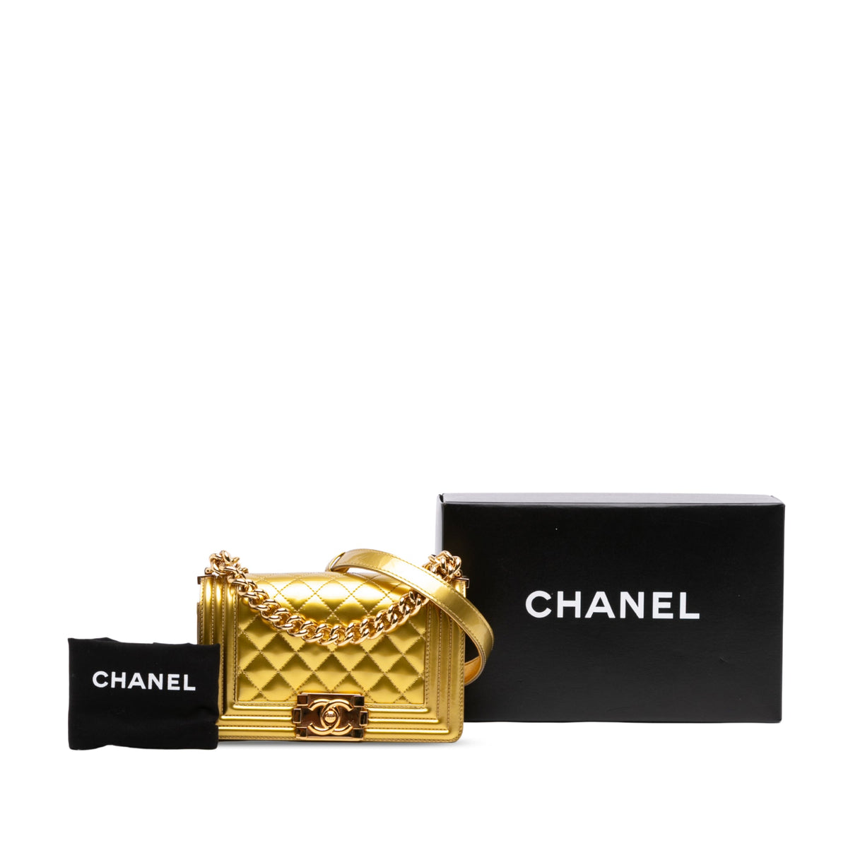 Chanel Small Quilted Metallic Patent Boy Flap — Gold
