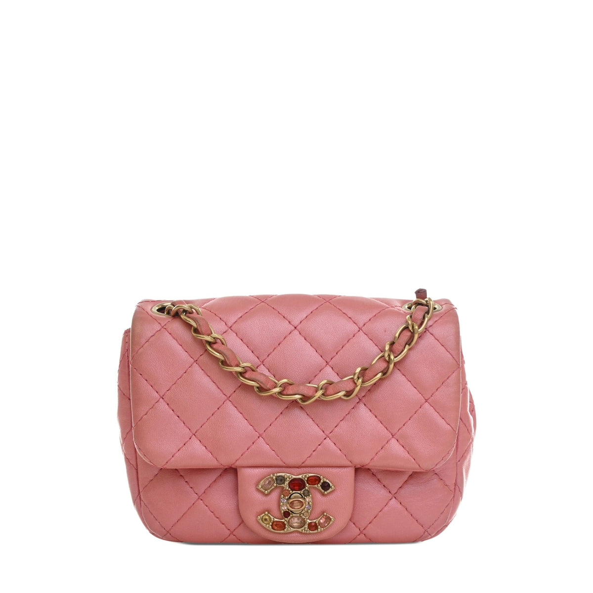 Chanel Mini Square Quilted Metallic Lambskin Precious Jewel Single Flap — Pink