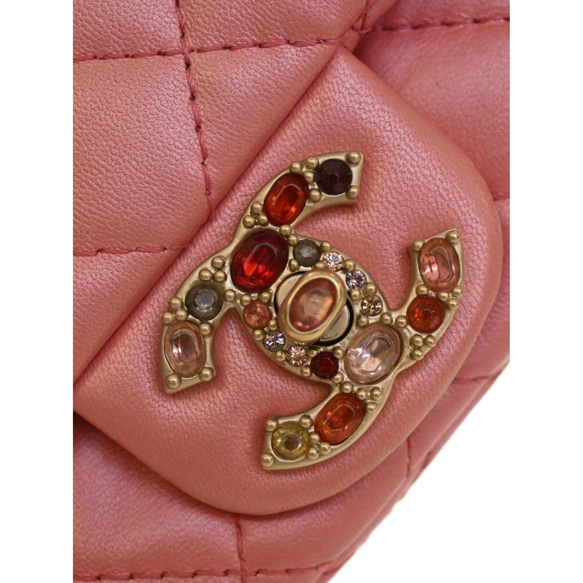 Chanel Mini Square Quilted Metallic Lambskin Precious Jewel Single Flap — Pink