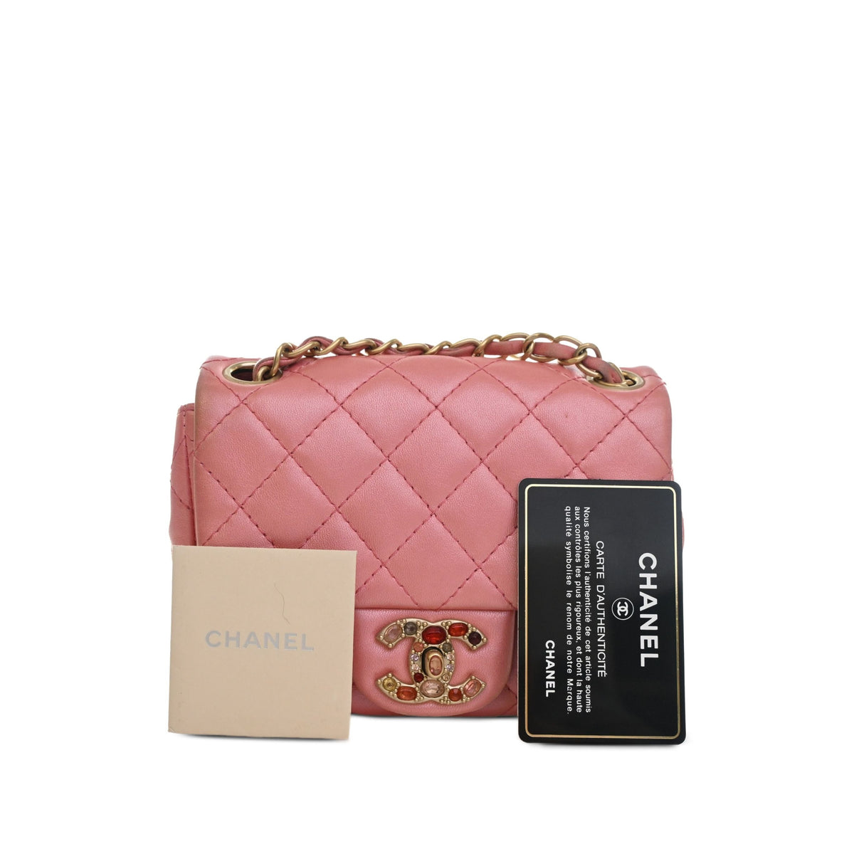 Chanel Mini Square Quilted Metallic Lambskin Precious Jewel Single Flap — Pink