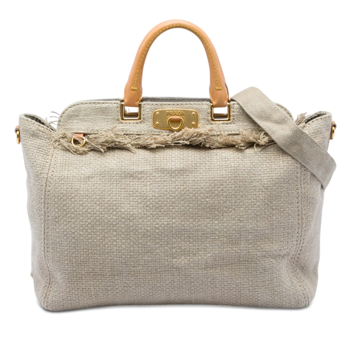 Prada Raffia Lino Fringe Shopping Tote