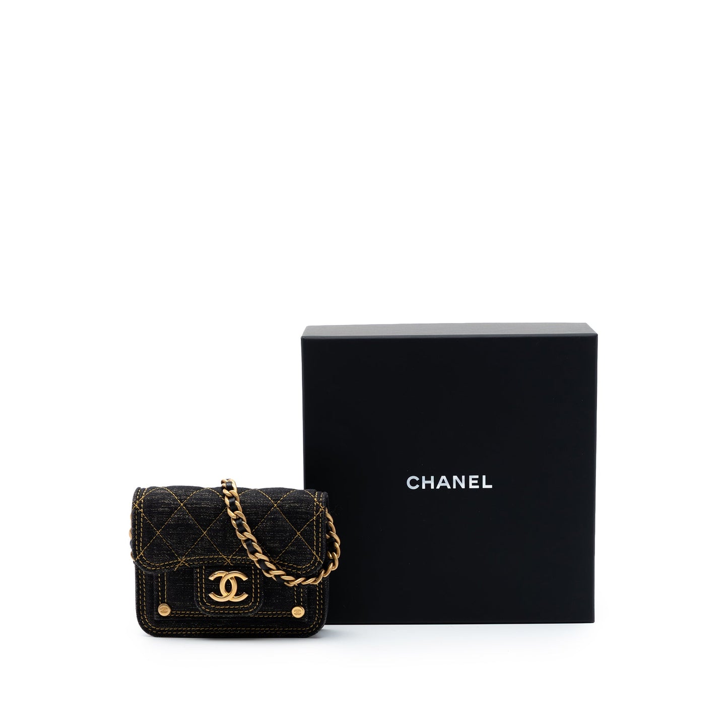 Chanel Mini Quilted Denim Double You Card Holder with Chain