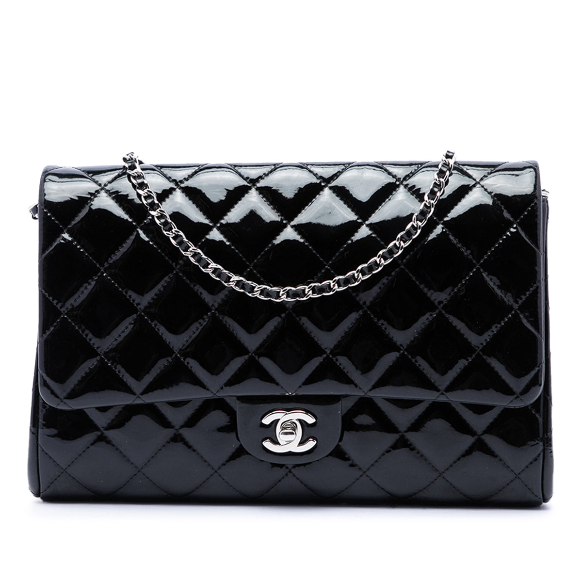 Chanel CC Quilted Patent Flap Clutch with Chain — Black