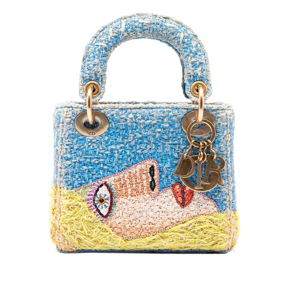 Dior Limited Edition Brian Calvin Lady Art Mini Beaded Raffia Lady Dior — Blue