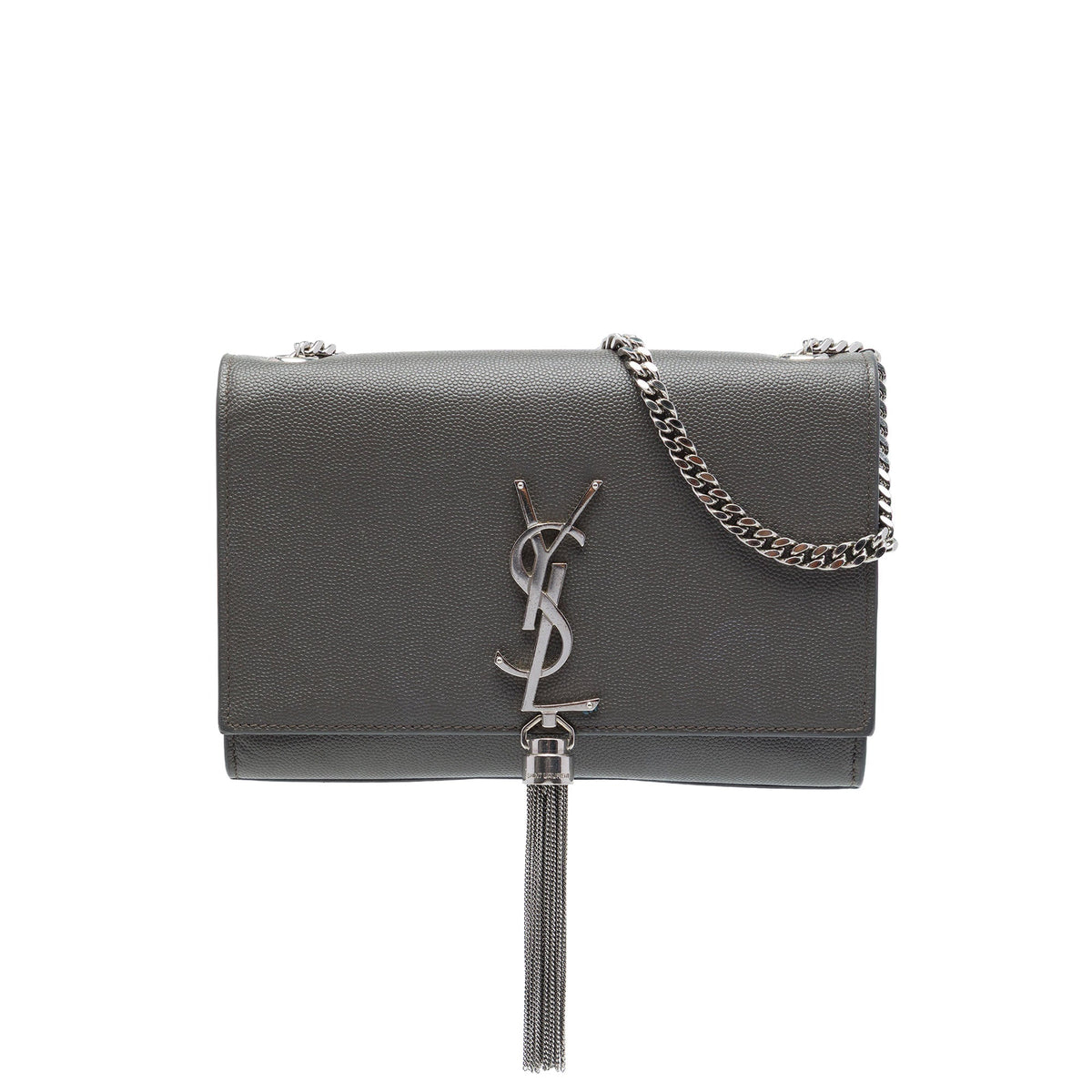 Saint Laurent Small Grain de Poudre Monogram Kate Tassel Crossbody — Gray