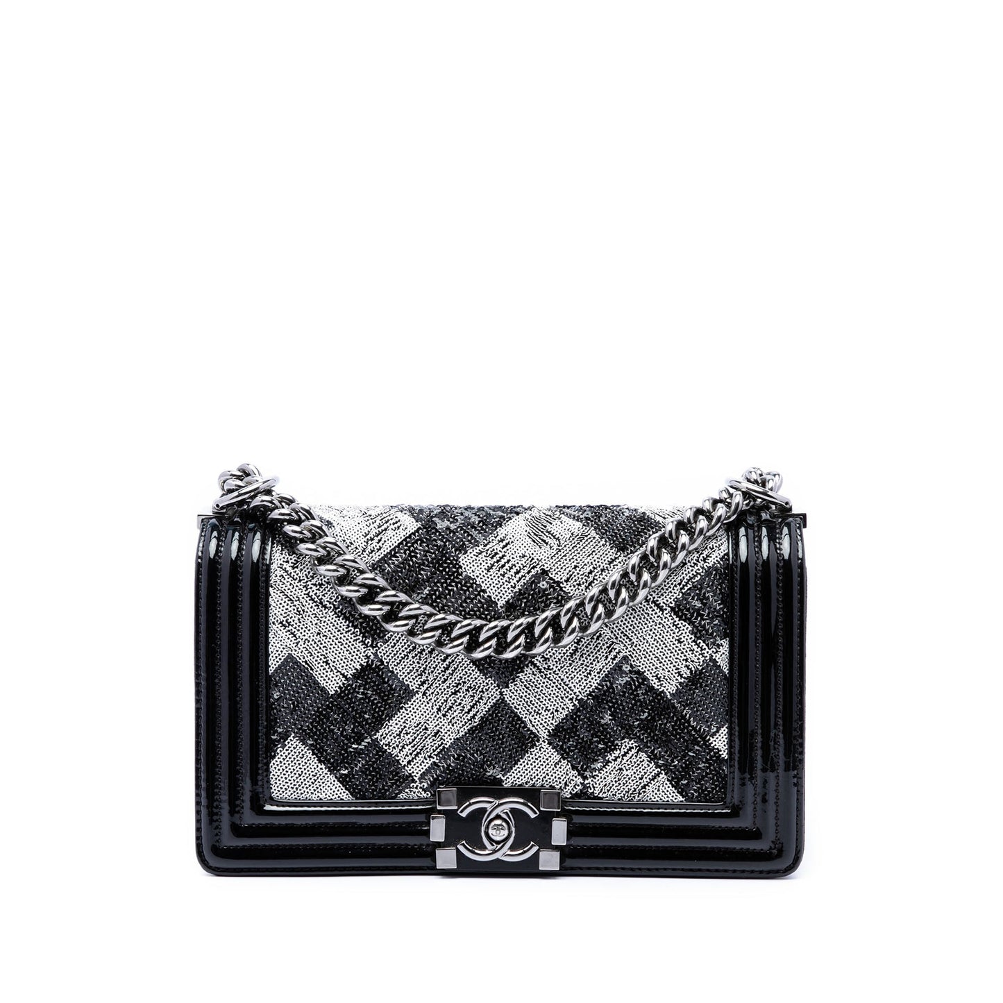 Chanel Old Medium Sequin And Patent Boy Flap