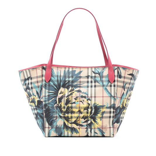 Burberry Small Haymarket Check Floral Print Coated Canvas Canterbury Tote