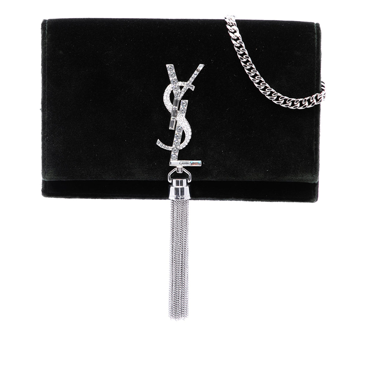 Saint Laurent Velvet Crystal Monogram Kate Tassel Wallet On Chain — Green