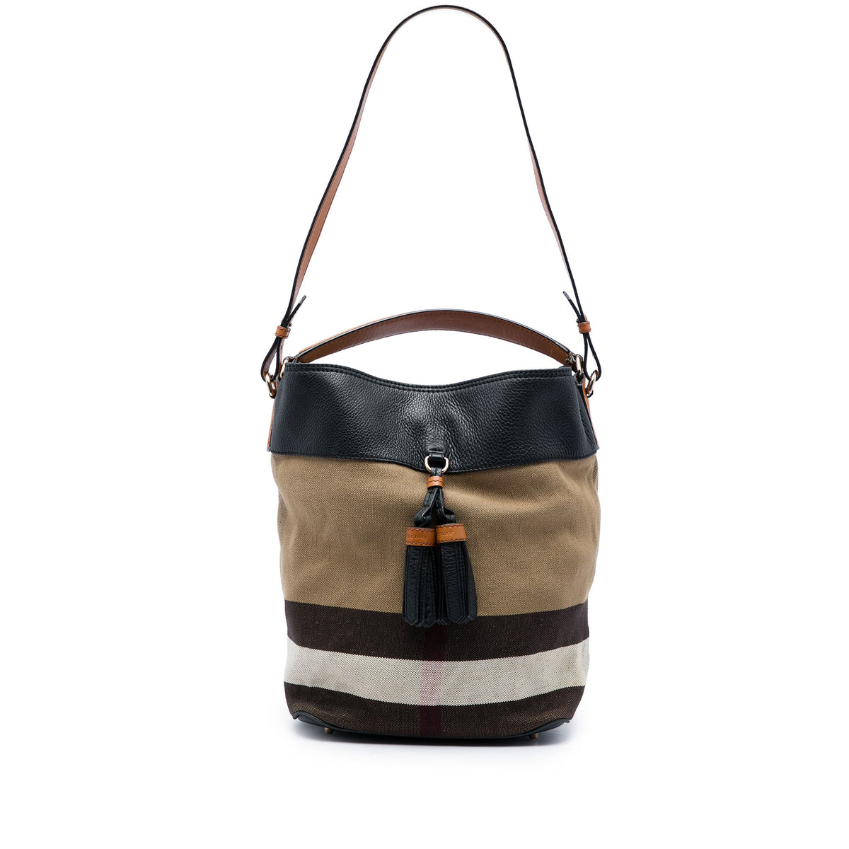 Burberry Medium Mega Check Canvas and Grained Calfskin Ashby Tassel Bucket Bag