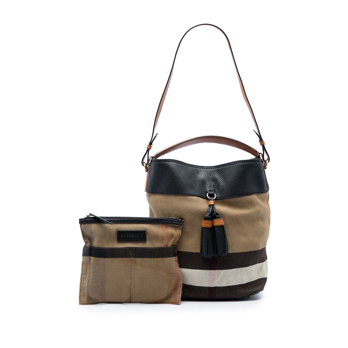 Burberry Medium Mega Check Canvas and Grained Calfskin Ashby Tassel Bucket Bag