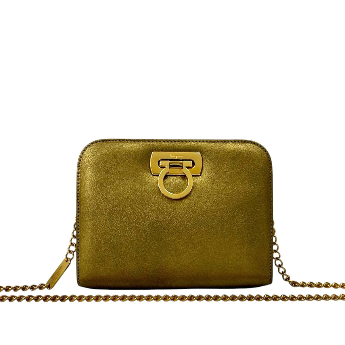Ferragamo Metallic Leather Gancini Chain Crossbody — Gold