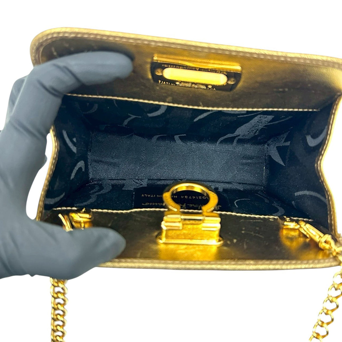Ferragamo Metallic Leather Gancini Chain Crossbody — Gold