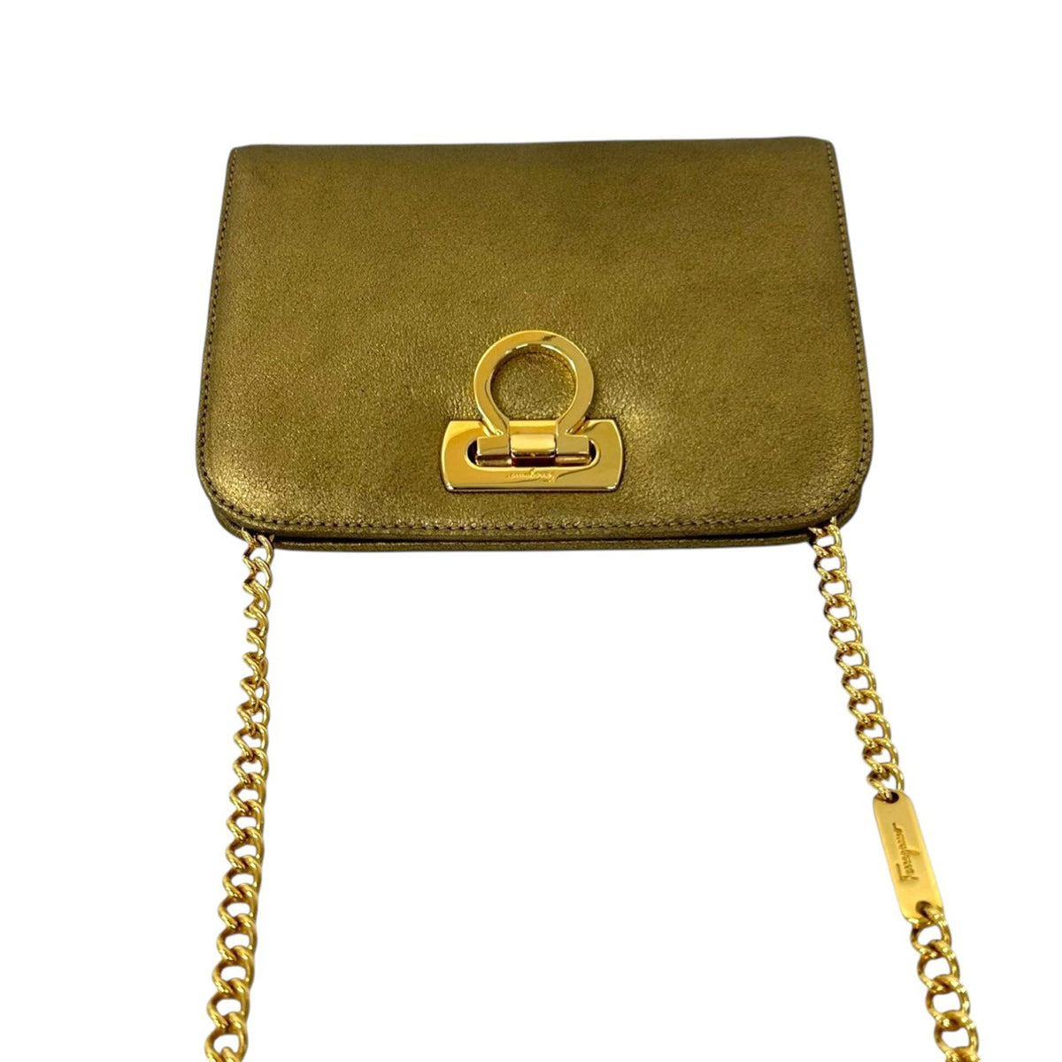 Ferragamo Metallic Leather Gancini Chain Crossbody — Gold