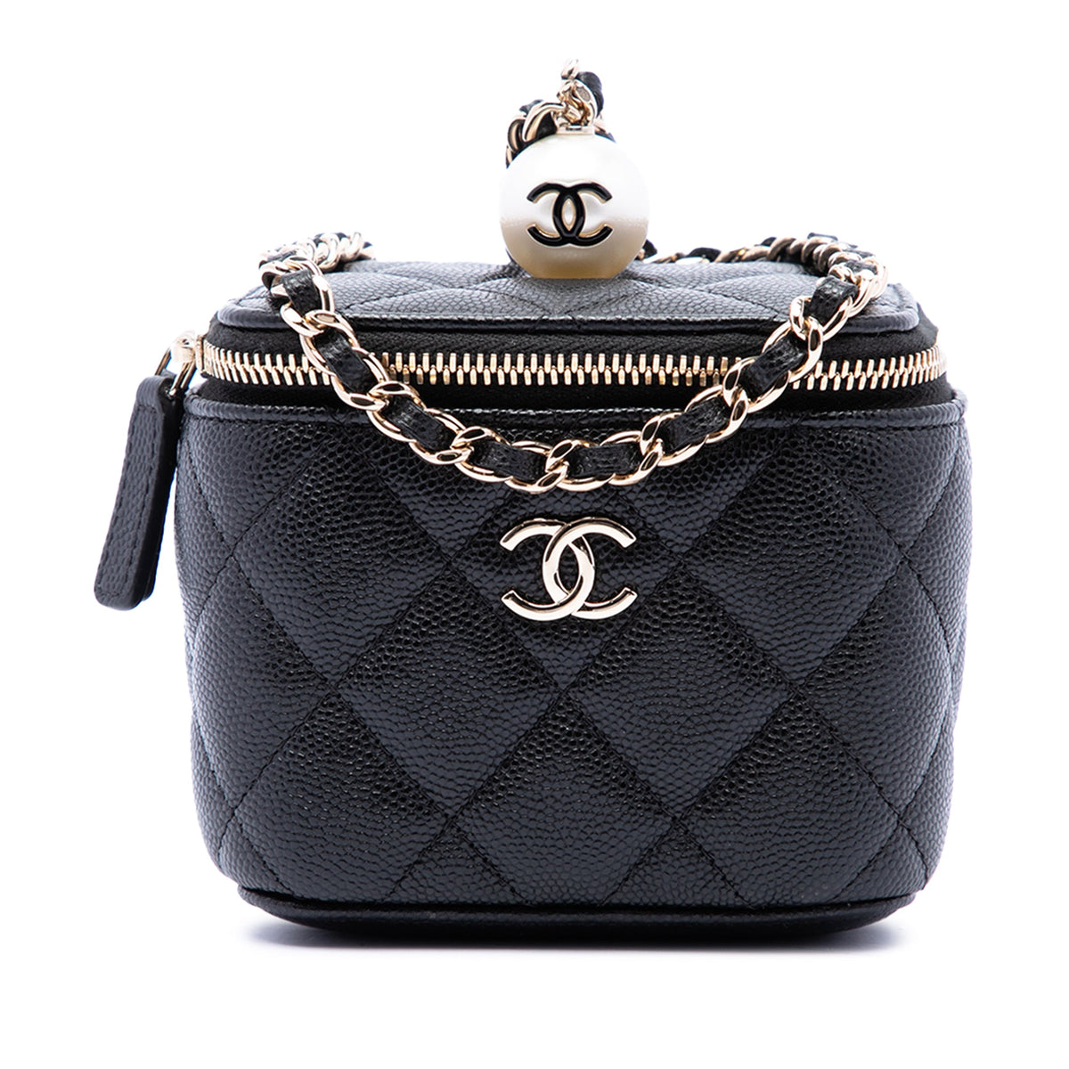 Chanel Mini Quilted Caviar Pearl On Top Vanity Case With Chain — Black