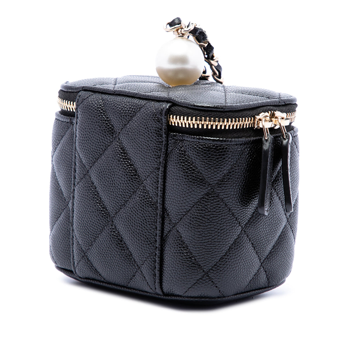 Chanel Mini Quilted Caviar Pearl On Top Vanity Case With Chain — Black