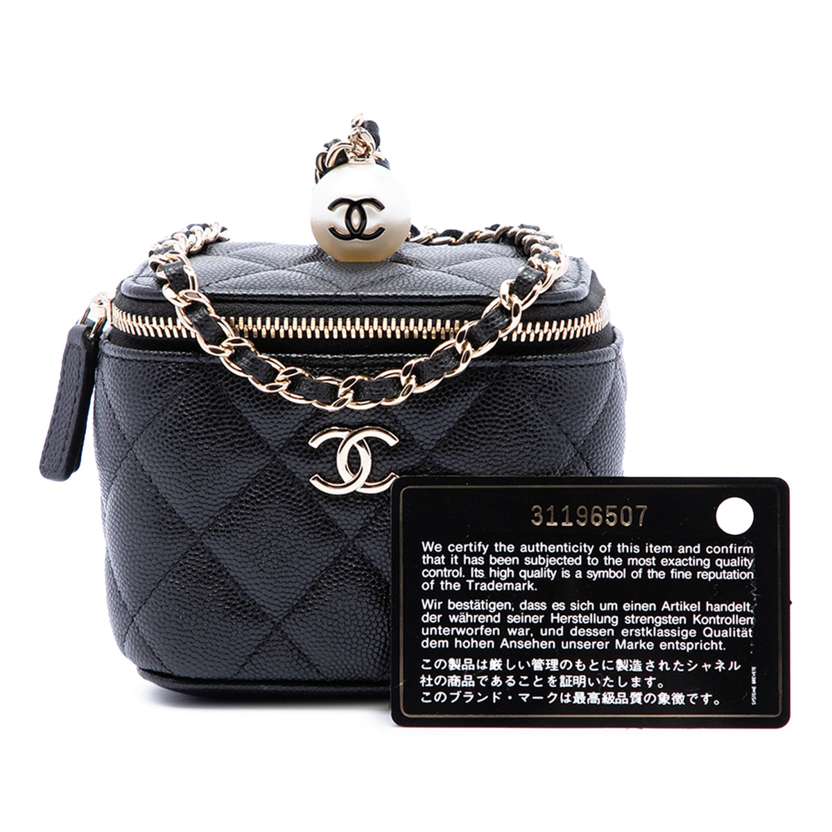 Chanel Mini Quilted Caviar Pearl On Top Vanity Case With Chain — Black