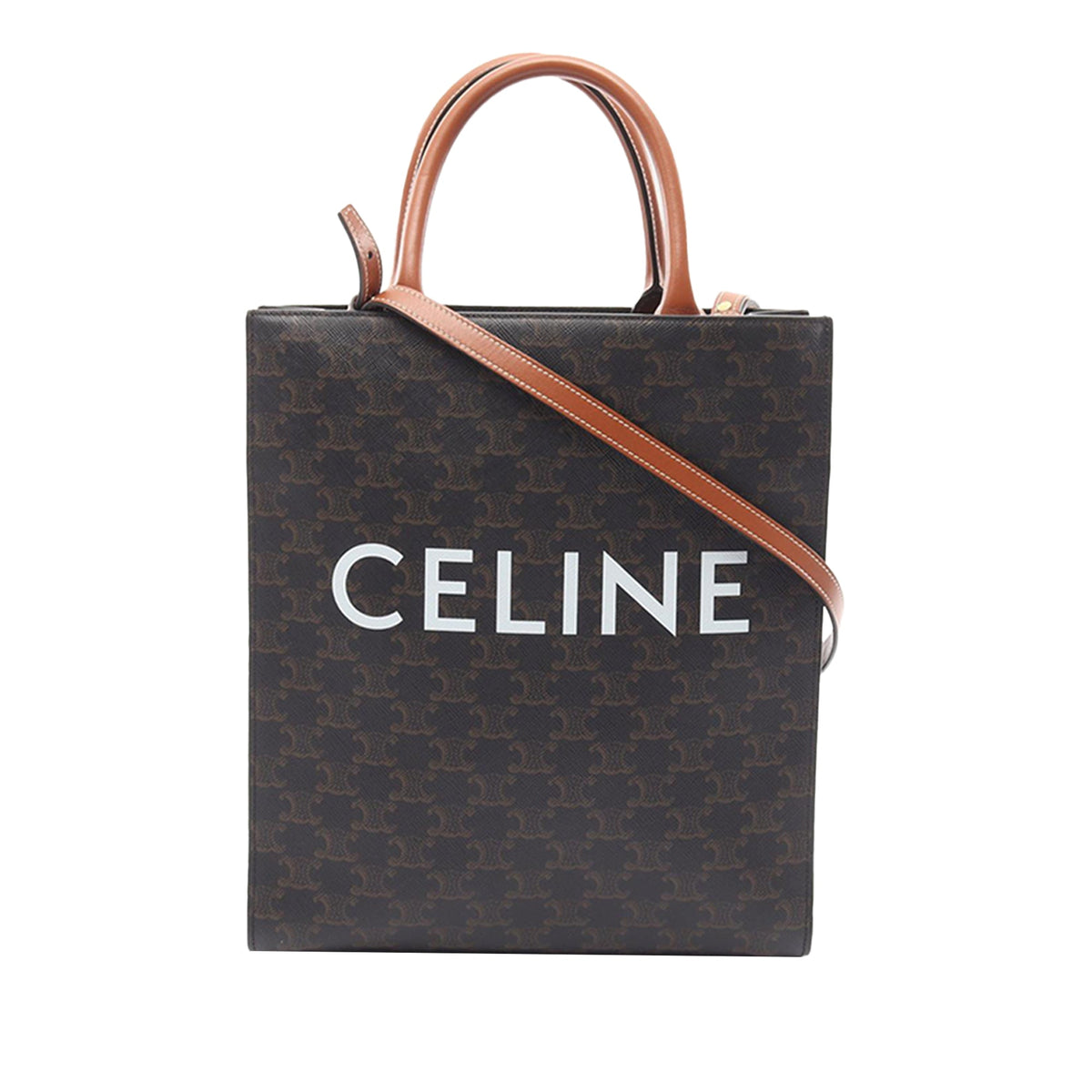 Celine Small Triomphe Coated Canvas Vertical Cabas Tote — Brown