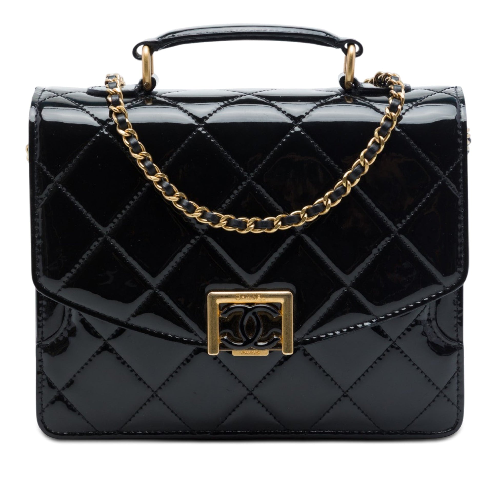 Chanel CC Quilted Patent Accordion Pushlock Top Handle Flap