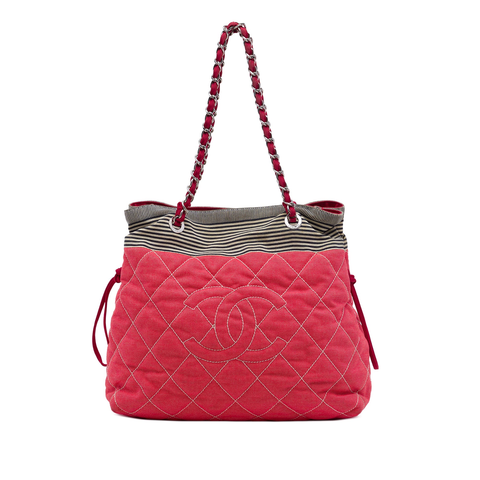 Chanel CC Quilted Denim Grosgrain Drawstring Tote