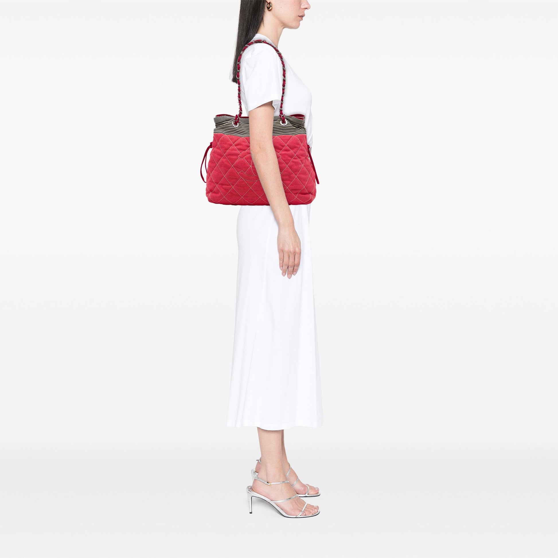 Chanel CC Quilted Denim Grosgrain Drawstring Tote