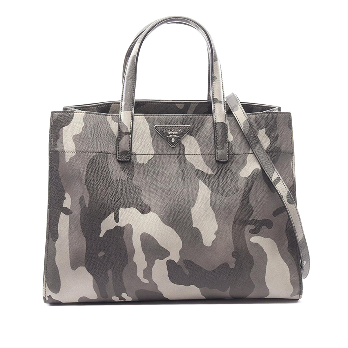 Prada Saffiano Camouflage Soft Triple Pocket Tote — Gray