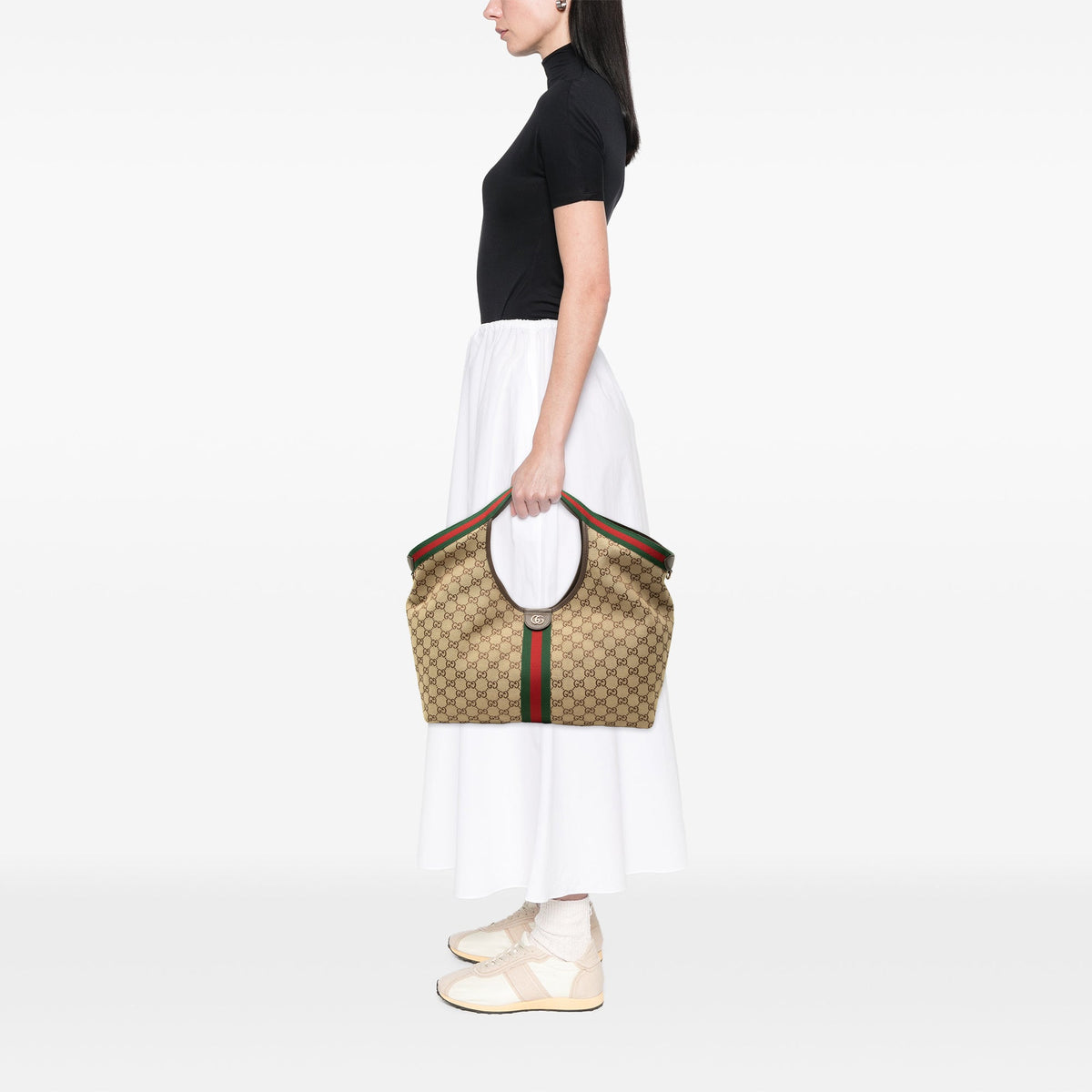 Gucci Large GG Canvas Web Giglio Tote — Beige