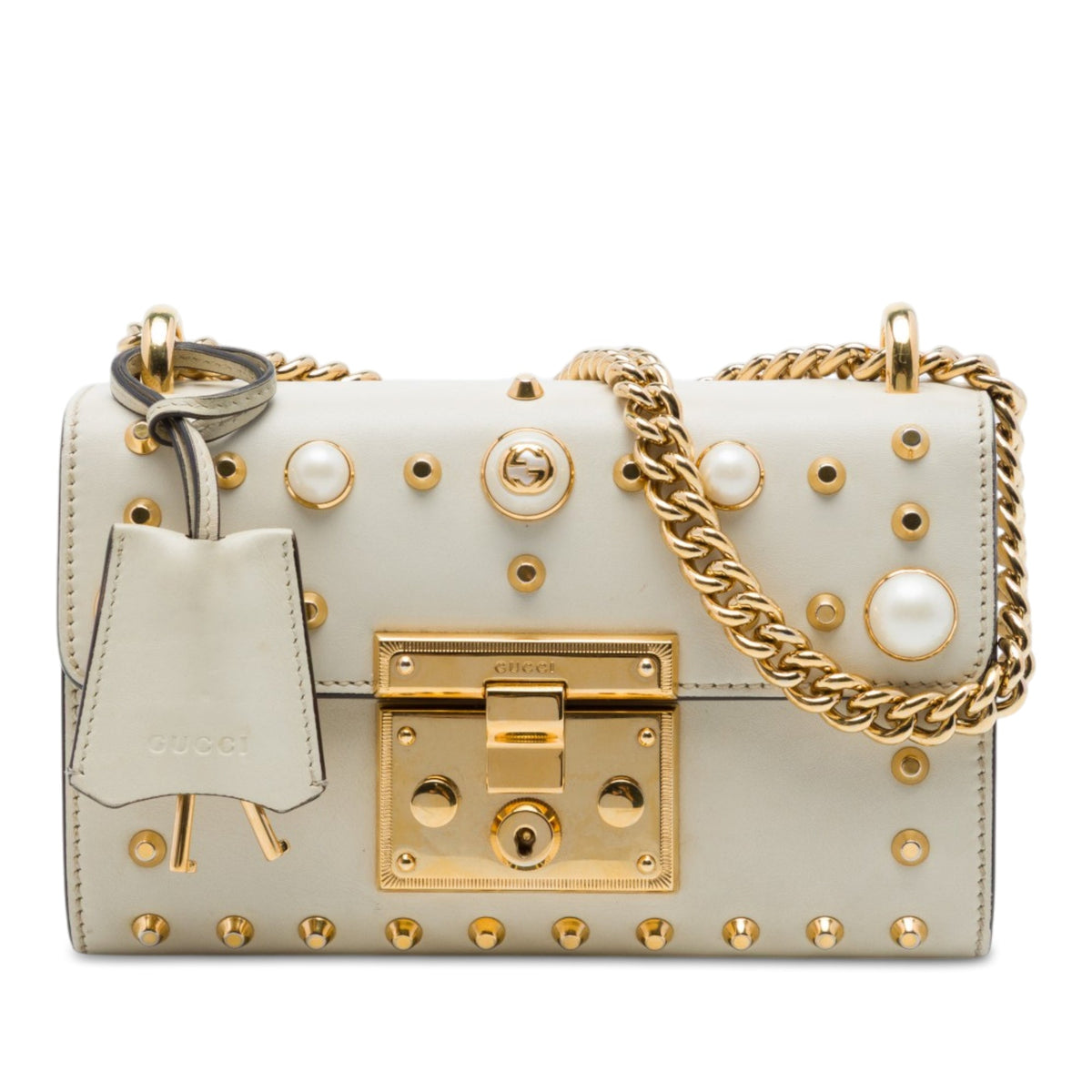 Gucci Small Pearl Studded Leather Padlock Crossbody