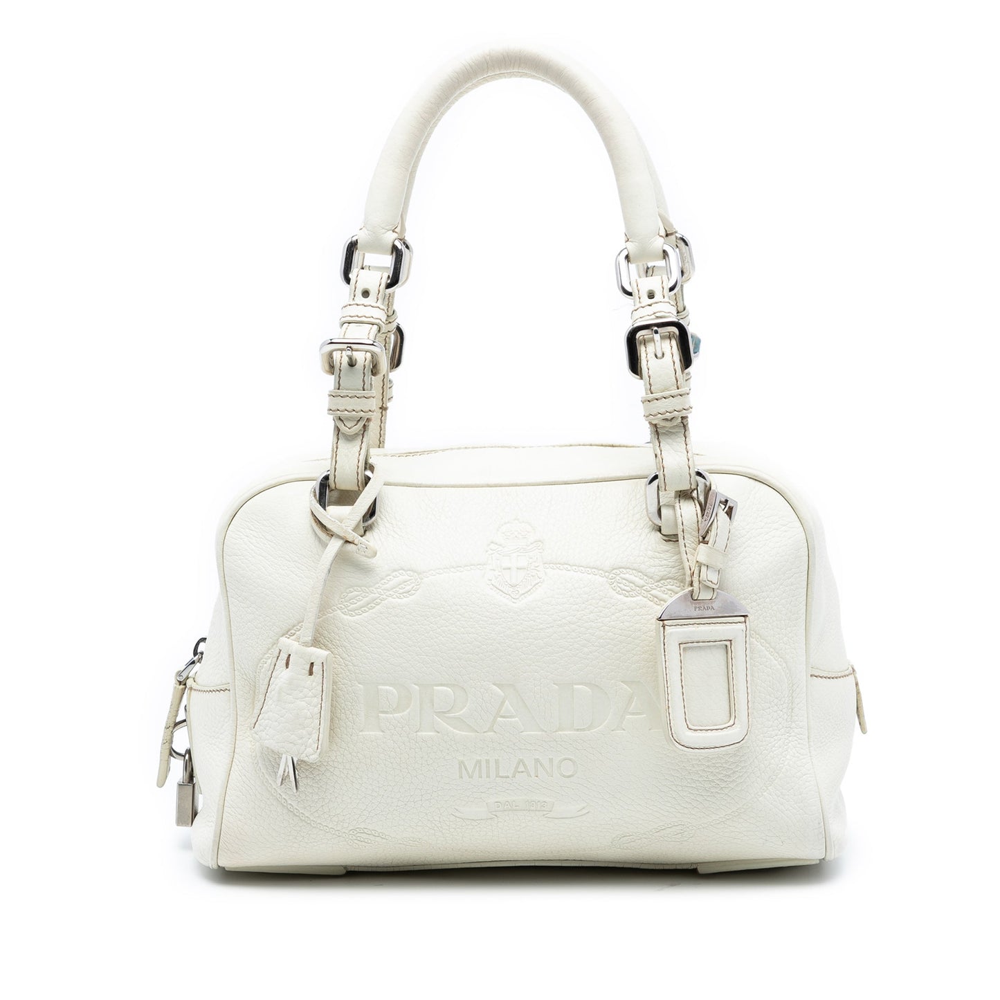 Prada Vitello Daino Embossed Logo Bauletto Bag