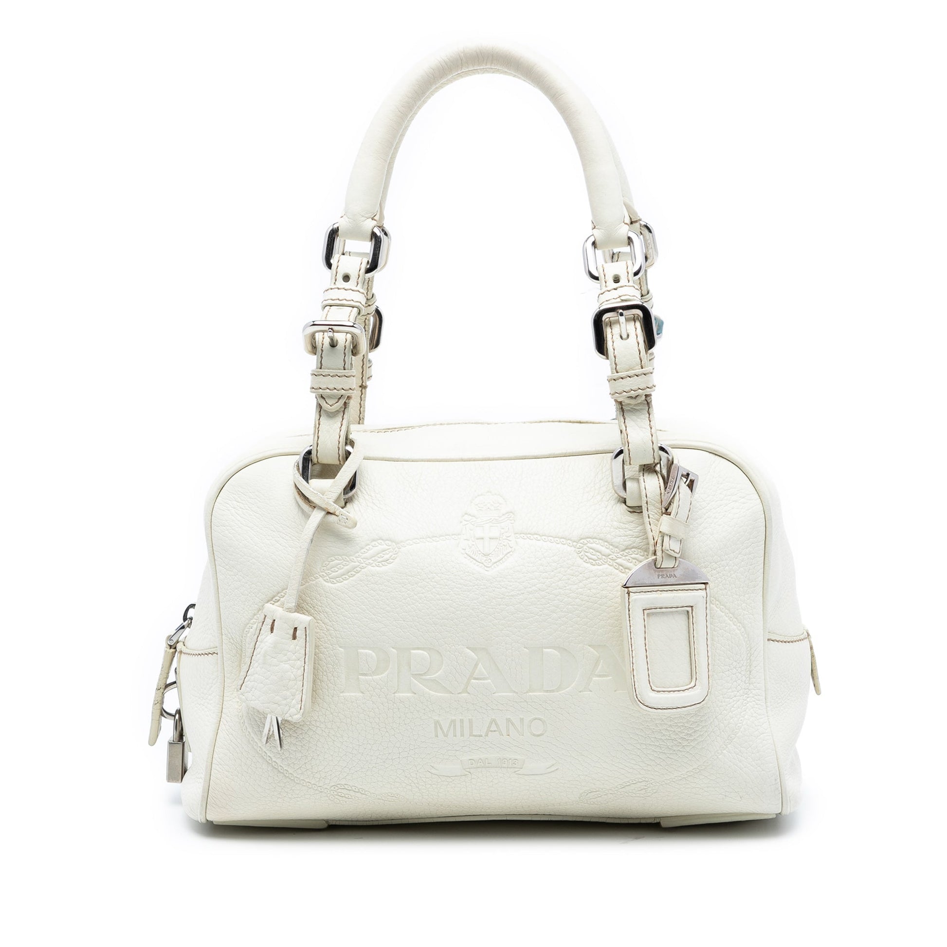 Prada Vitello Daino Embossed Logo Bauletto Bag