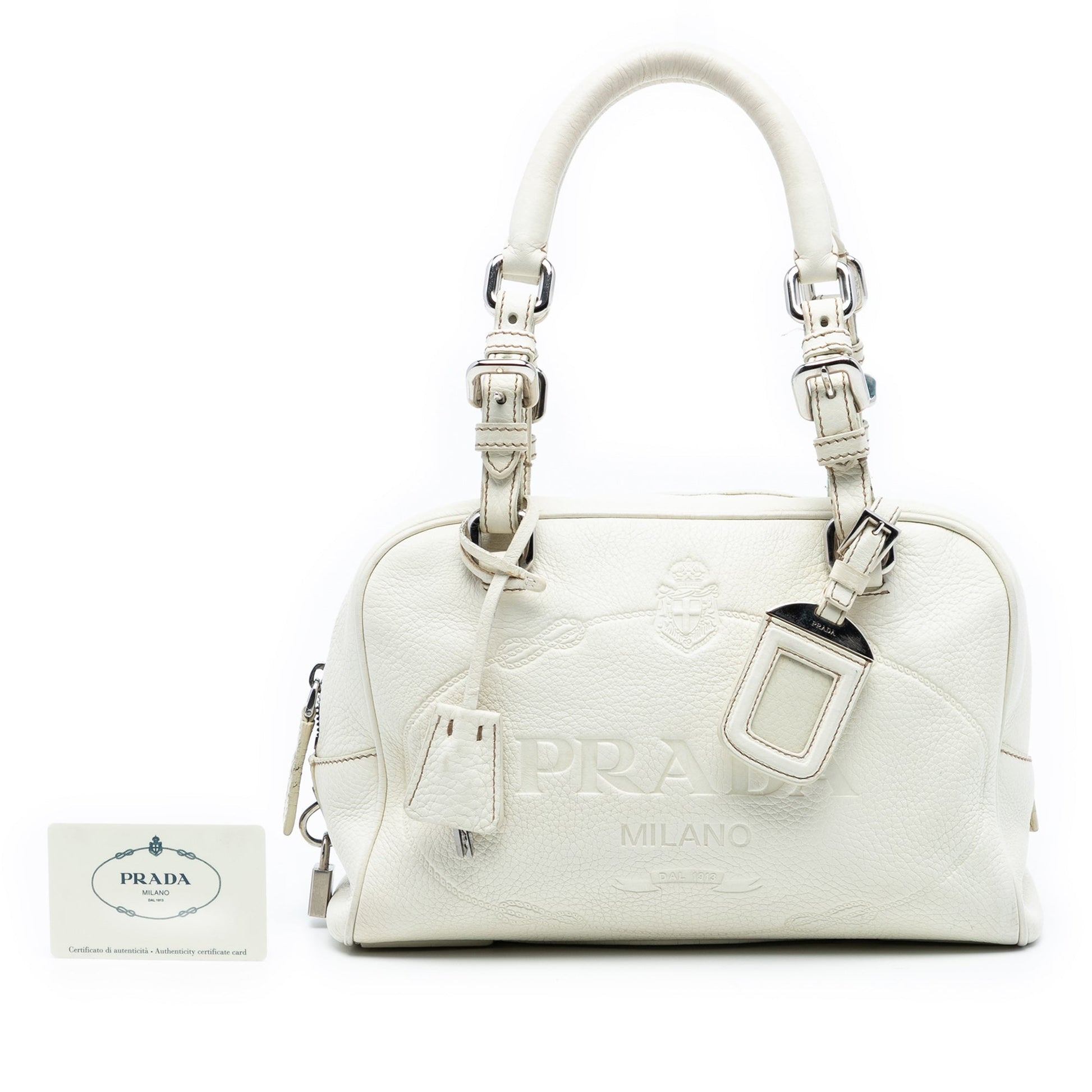 Prada Vitello Daino Embossed Logo Bauletto Bag