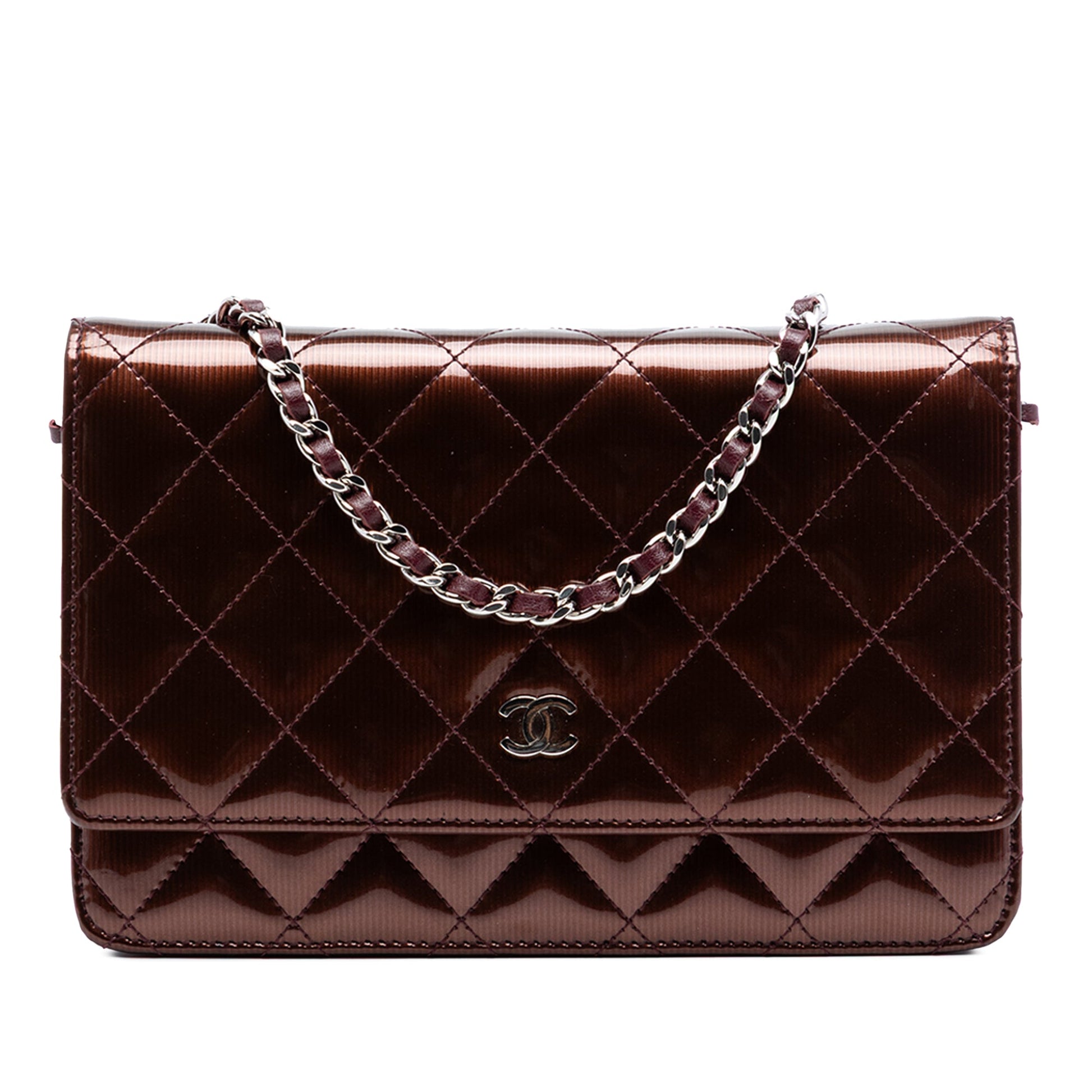 CC Quilted Striated Metallic Patent Wallet on Chain