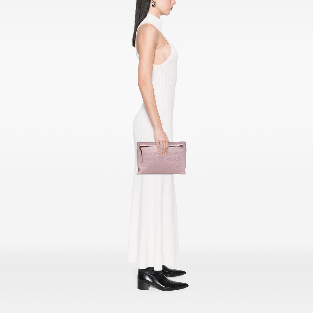 LOEWE Embossed Leather Anagram Repeat T Clutch — Pink