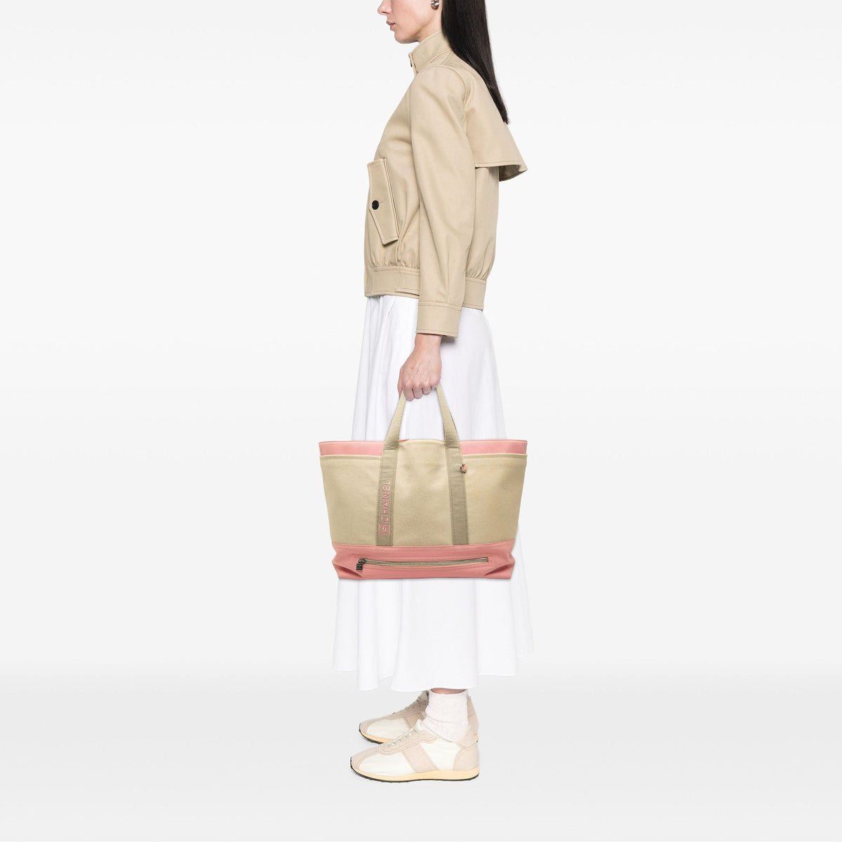 Chanel Large Bicolor Canvas Sports Ligne Tote — Beige