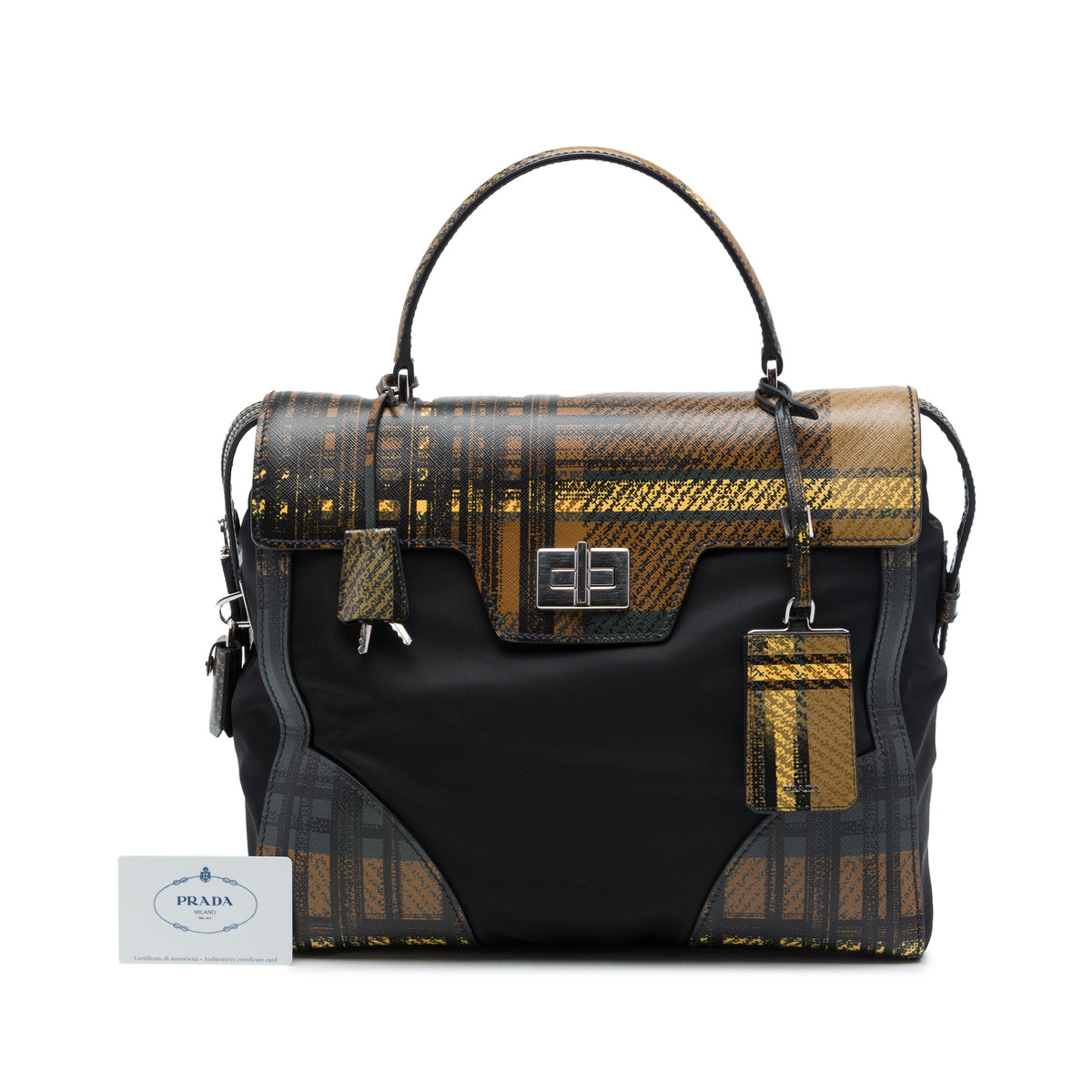Prada Tartan Saffiano Trimmed Tessuto Satchel — Black