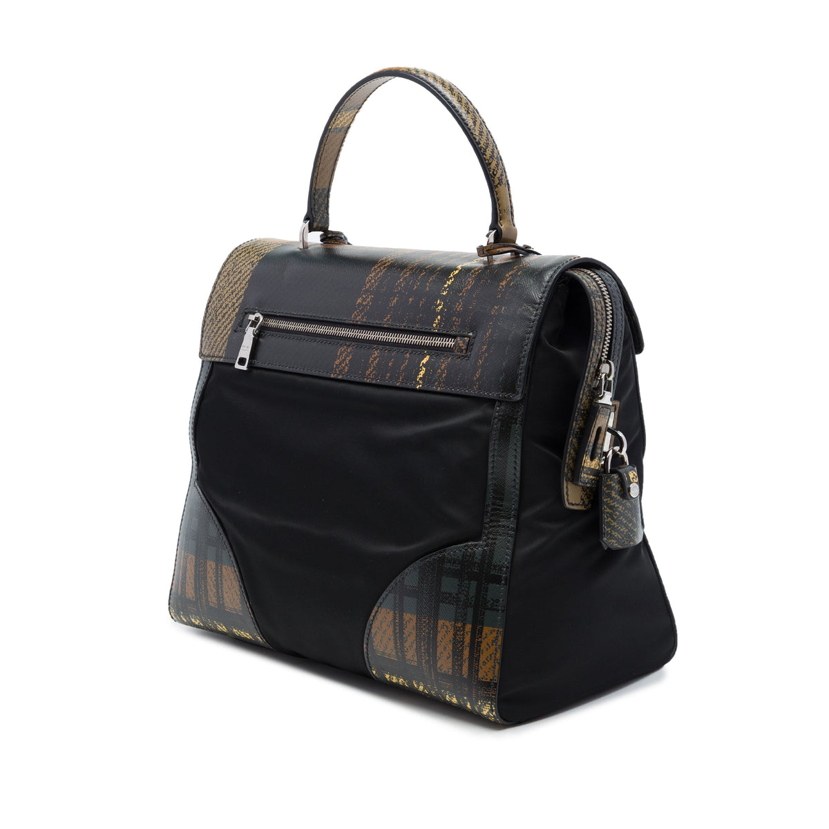 Prada Tartan Saffiano Trimmed Tessuto Satchel — Black