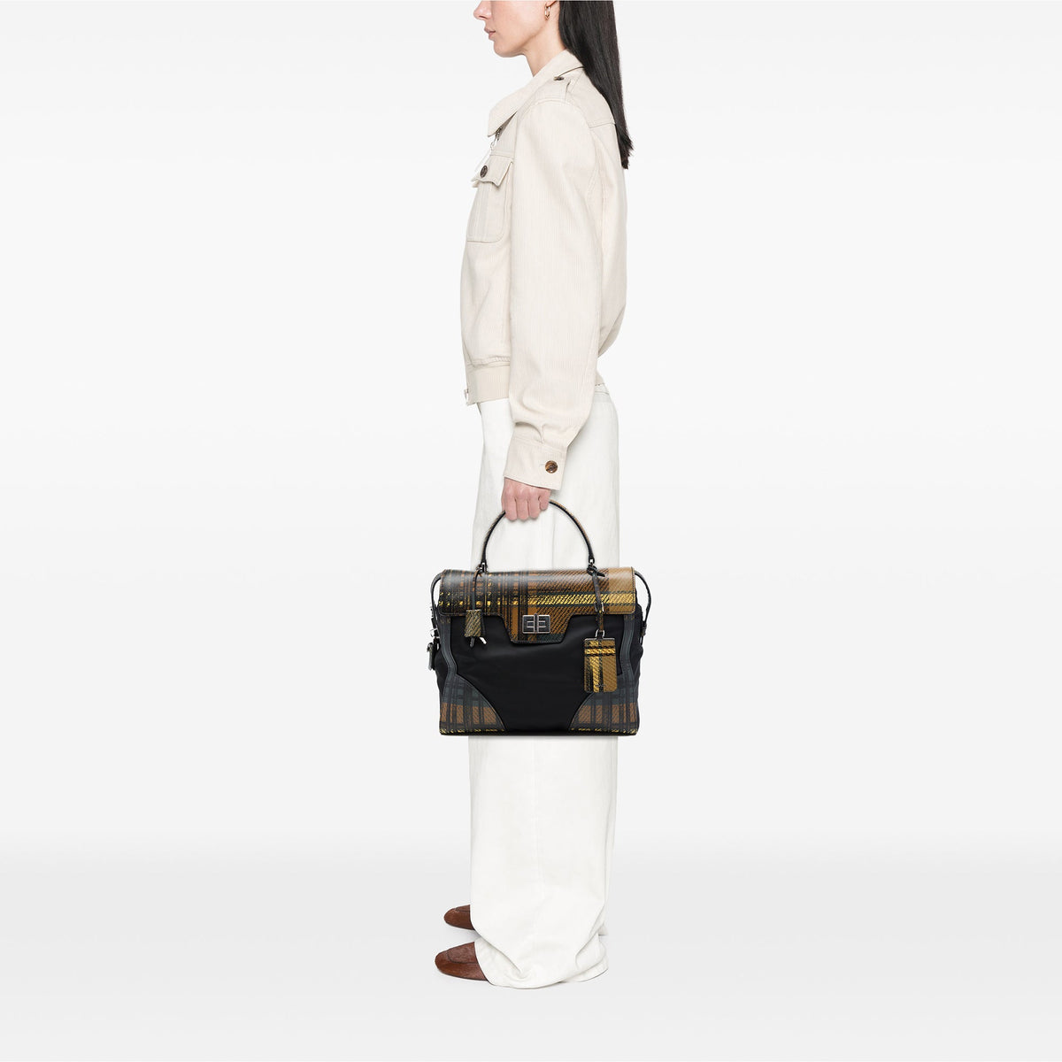 Prada Tartan Saffiano Trimmed Tessuto Satchel — Black