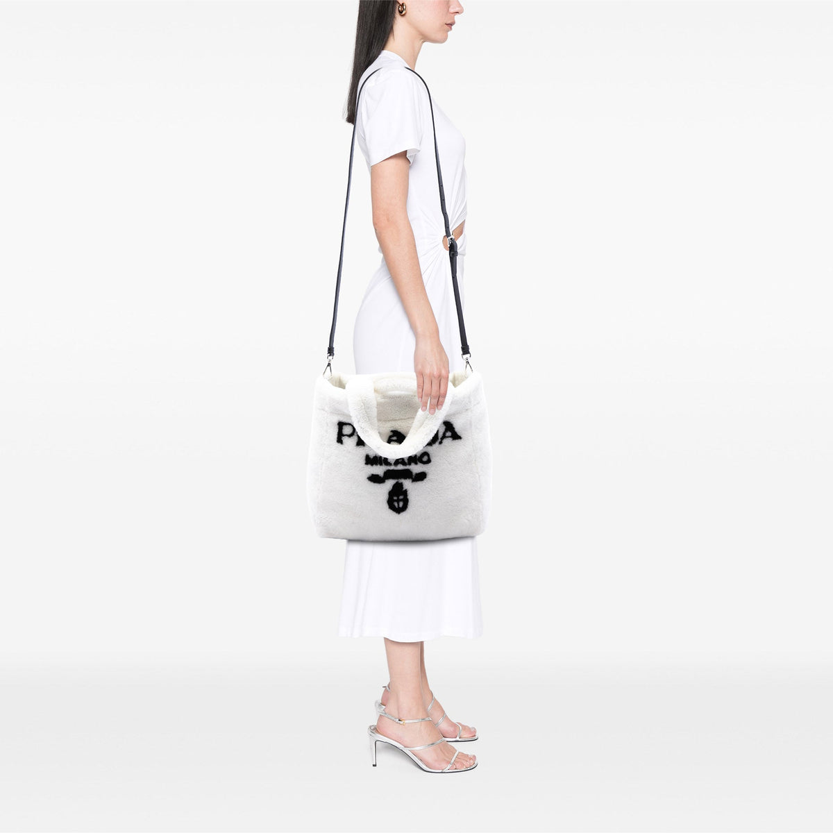Prada Shearling Logo Tote — White