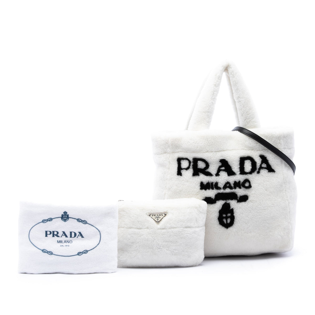 Prada Shearling Logo Tote — White