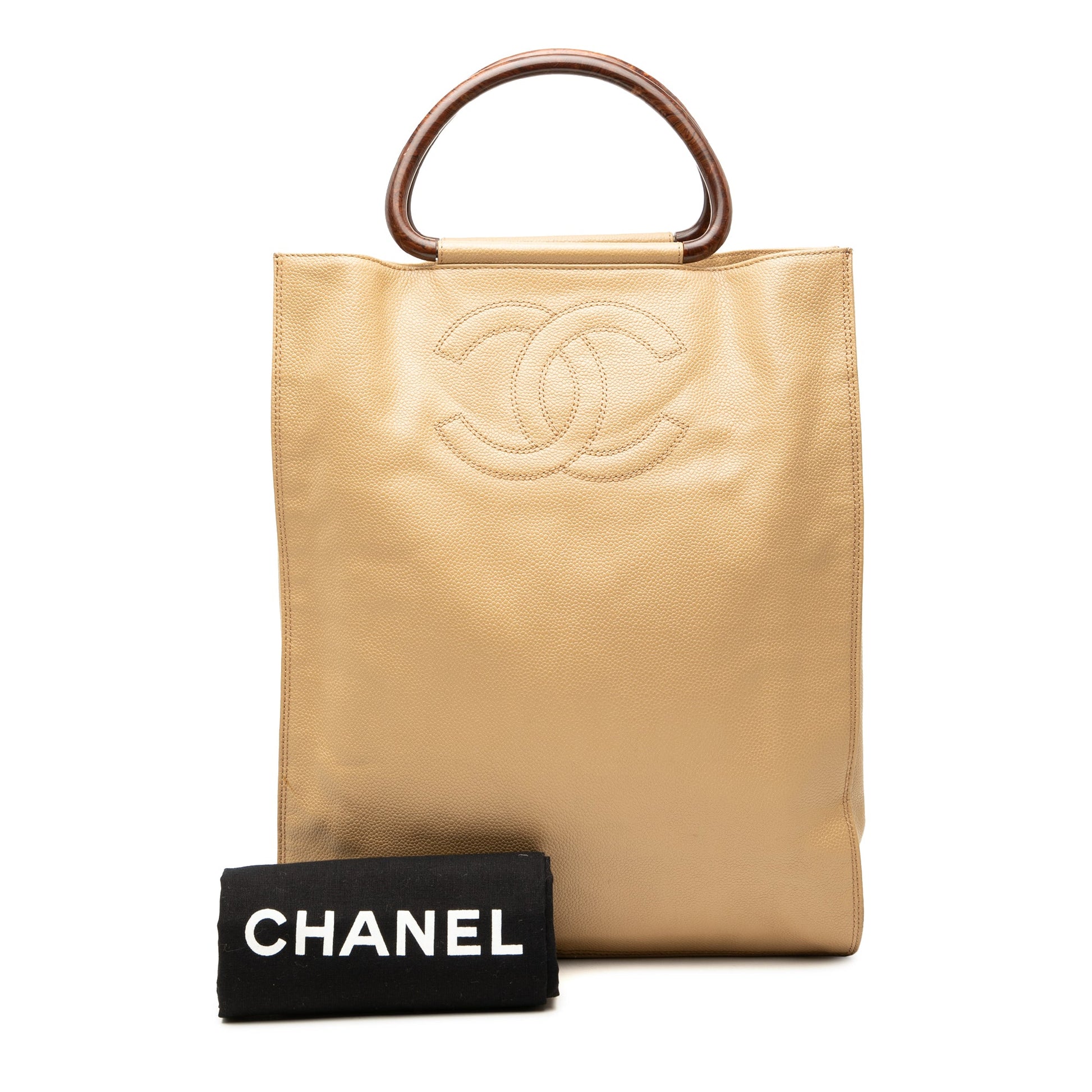 Chanel CC Caviar Wood Top Handle Tote Bag