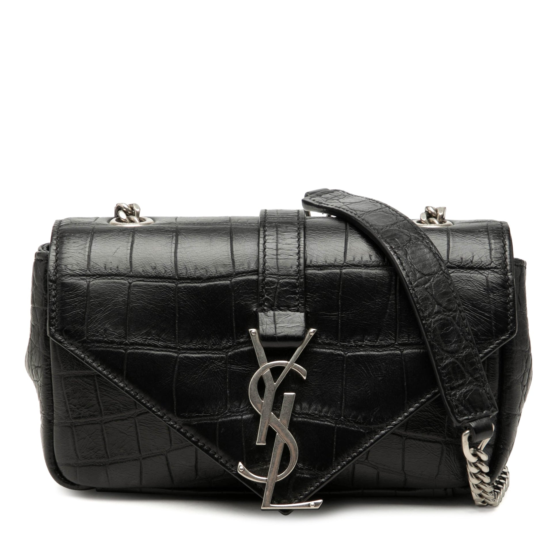 Saint Laurent Baby Croc Embossed Calfskin Classic Monogram Chain Bag