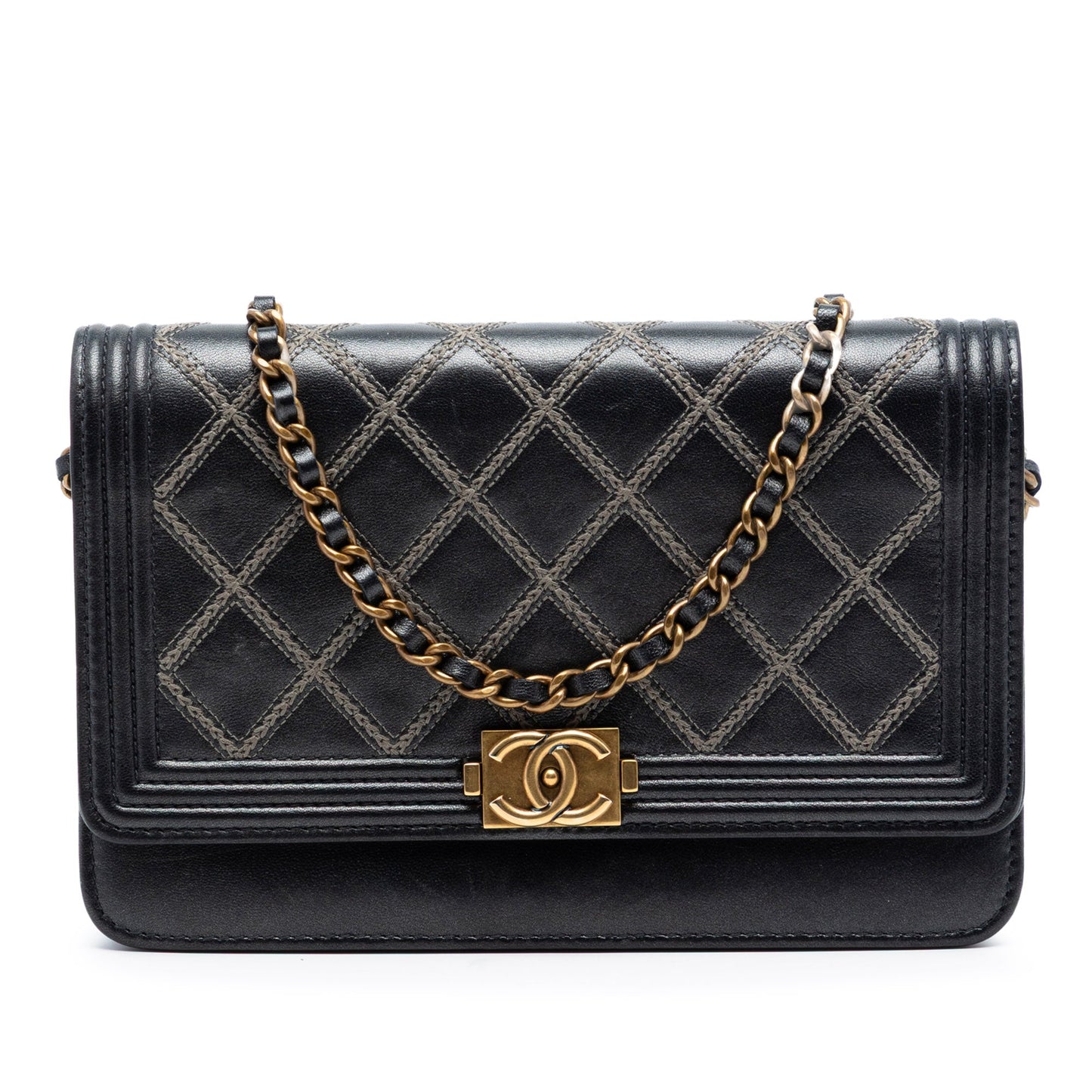 Quilted Lambskin Double Stitch Boy Wallet On Chain