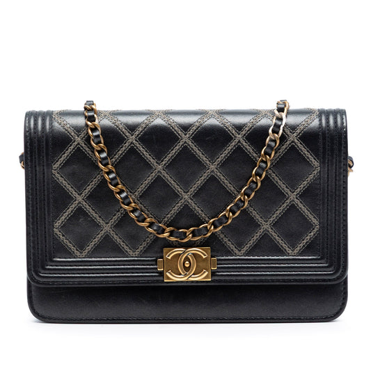 Quilted Lambskin Double Stitch Boy Wallet On Chain
