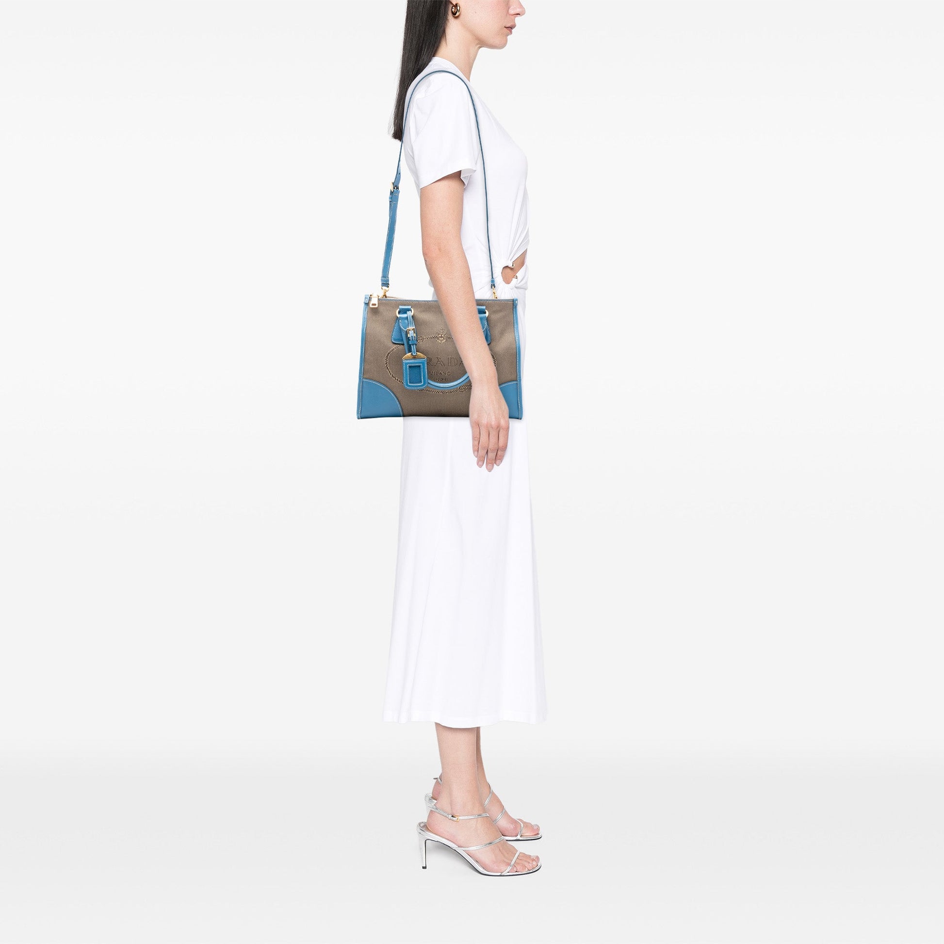 Prada Saffiano Trimmed Canvas Canapa Logo Double Zip Satchel