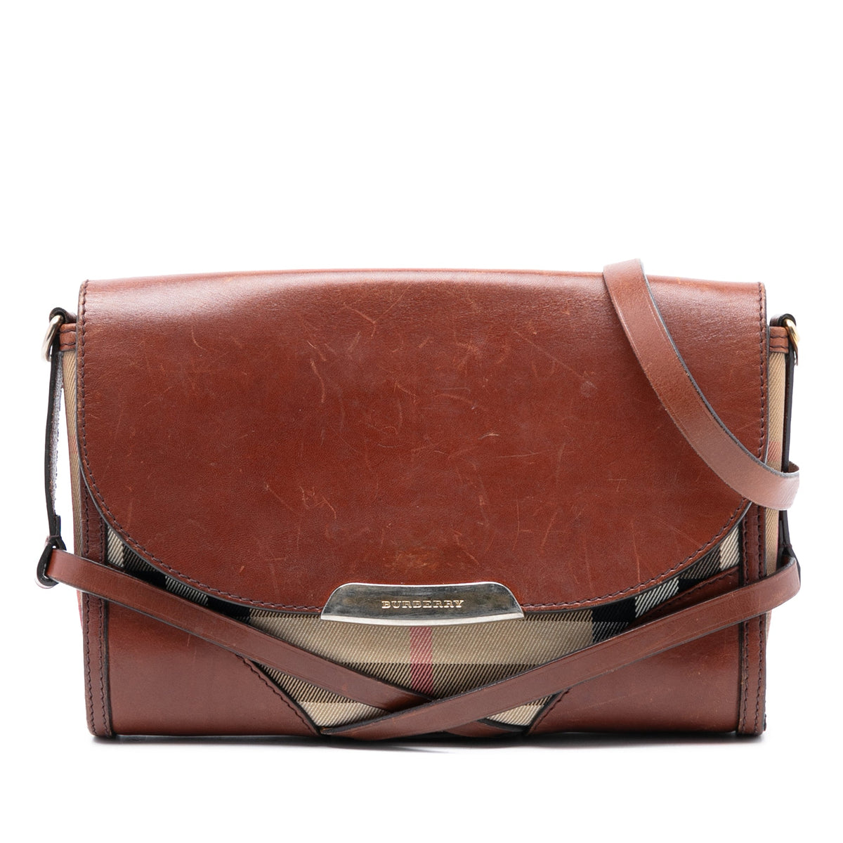 Burberry Leather and House Check Canvas Bridle Abbott Crossbody — Brown