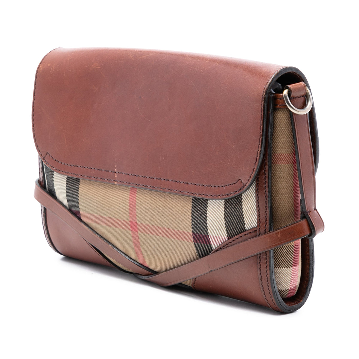 Burberry Leather and House Check Canvas Bridle Abbott Crossbody — Brown