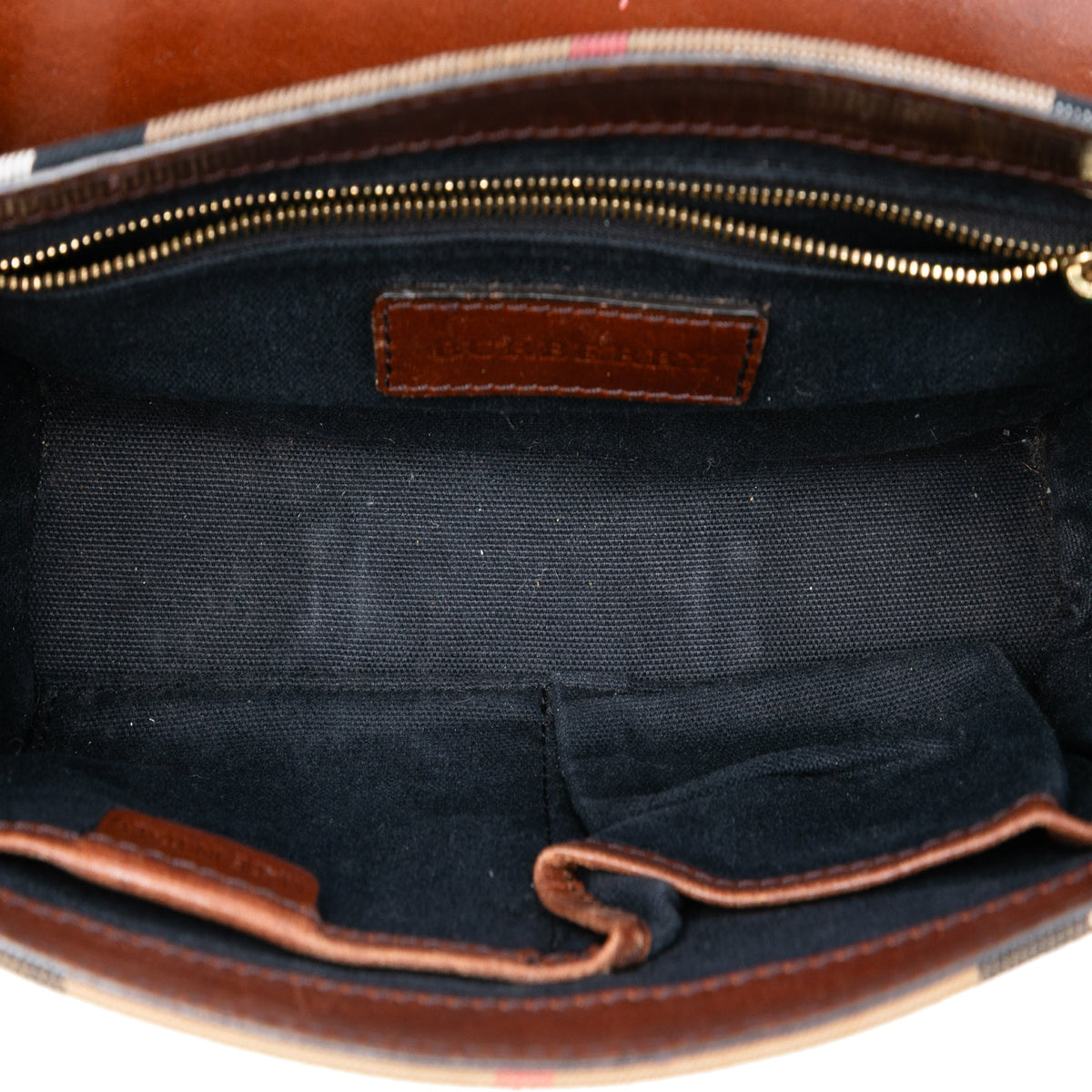 Burberry Leather and House Check Canvas Bridle Abbott Crossbody — Brown