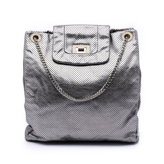 Chanel Perforated Crackled Metallic Calfskin Drill Tote