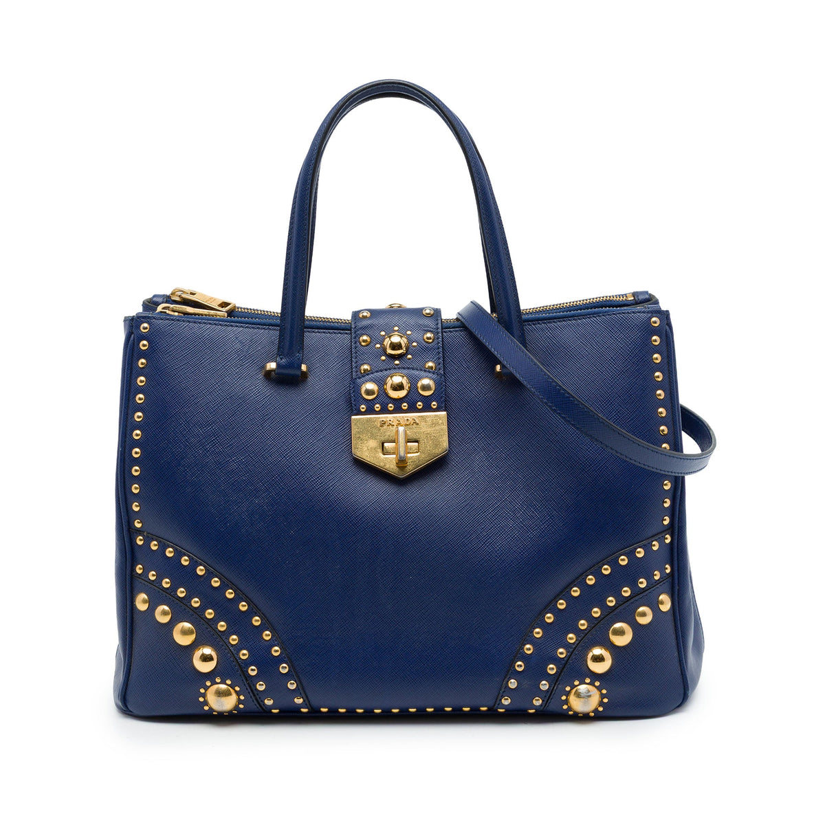 Prada Saffiano Turnlock Double Zip Studded Tote — Blue
